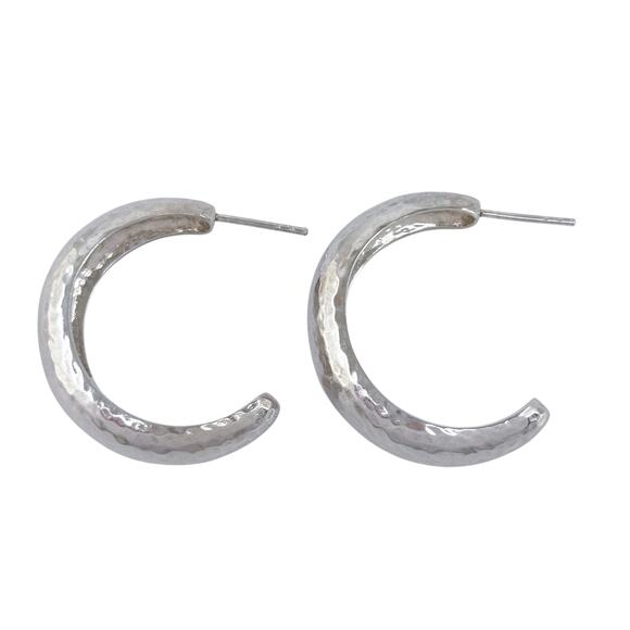 Estate Sterling Silver 925 Hammered Half Hoop Earrings - Picture 5 of 9